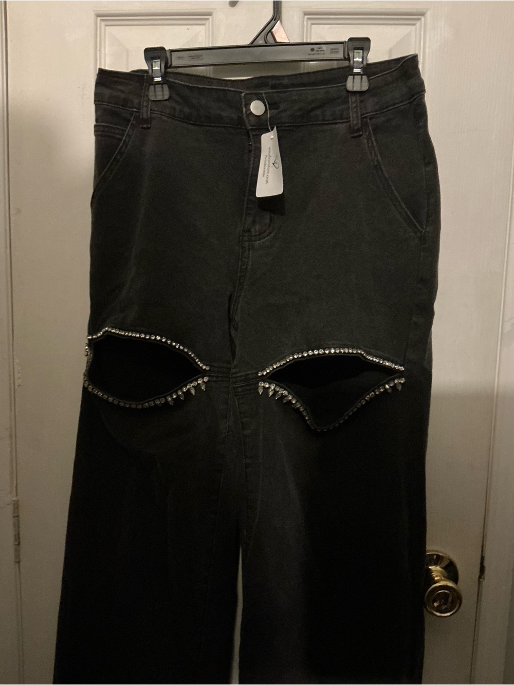 Windsor Black Wide Leg Jeans with Rhinestone Cutouts